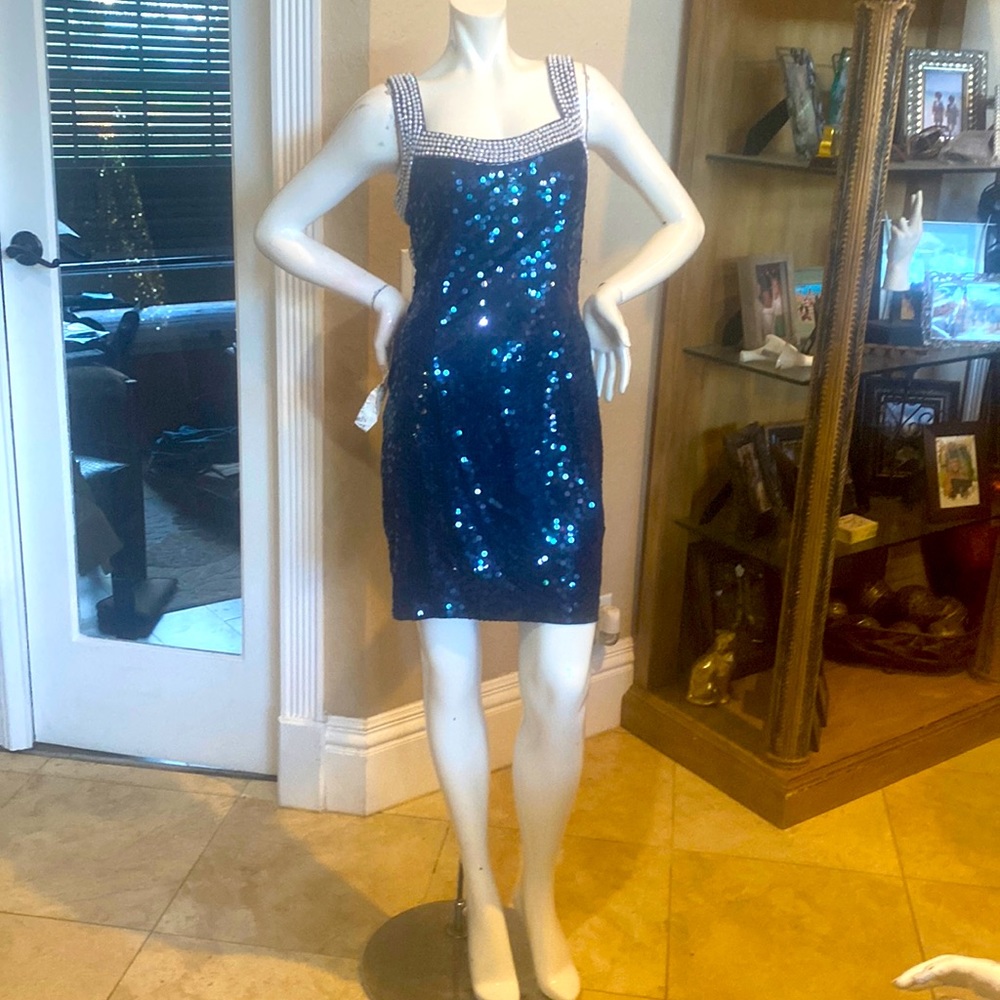 New NITELINE Blue/White Sequins Beaded Dress Sz 10